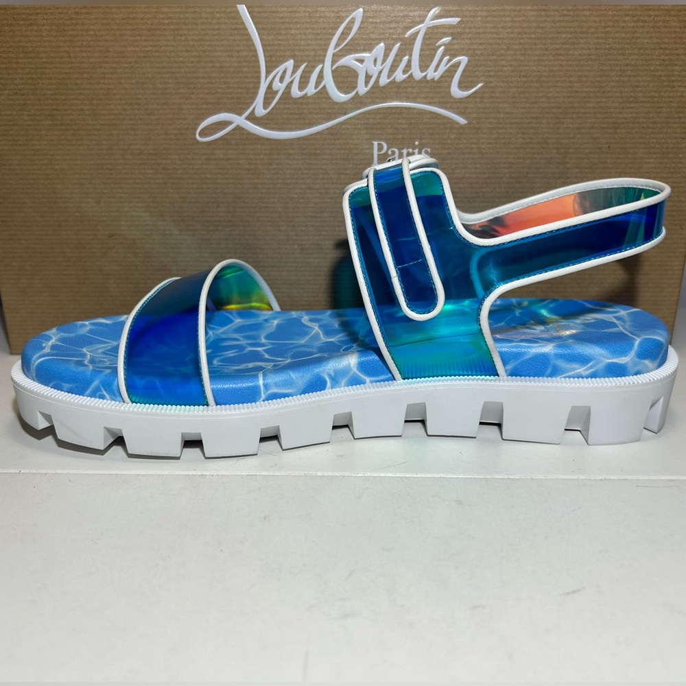 NEW CHRISTIAN LOUBOUTIN DUNISS COOL SANDALS IRIDESCENT BLUE/WHITE LUG SOLE SZ 37 - Picture 4 of 16